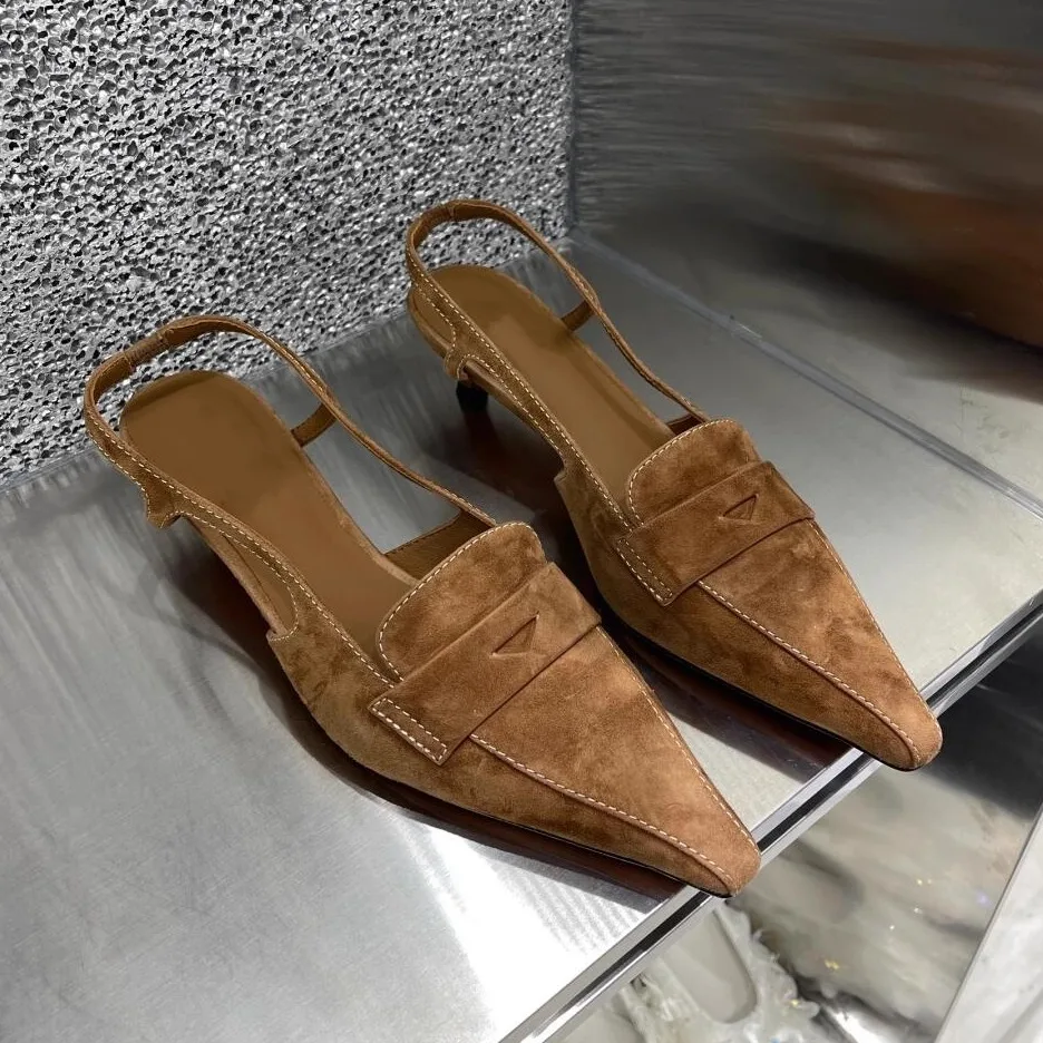 

Лето 2023, корейские кожаные сандалии с острым носком, женские тапочки на каблуке, модные повседневные туфли на низком каблуке с резиновой подошвой