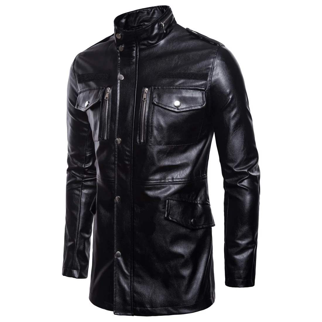 Chaqueta de cuero de longitud media para hombre, cuello alto, cuatro bolsillos, motociclista, Otoño, nuevo