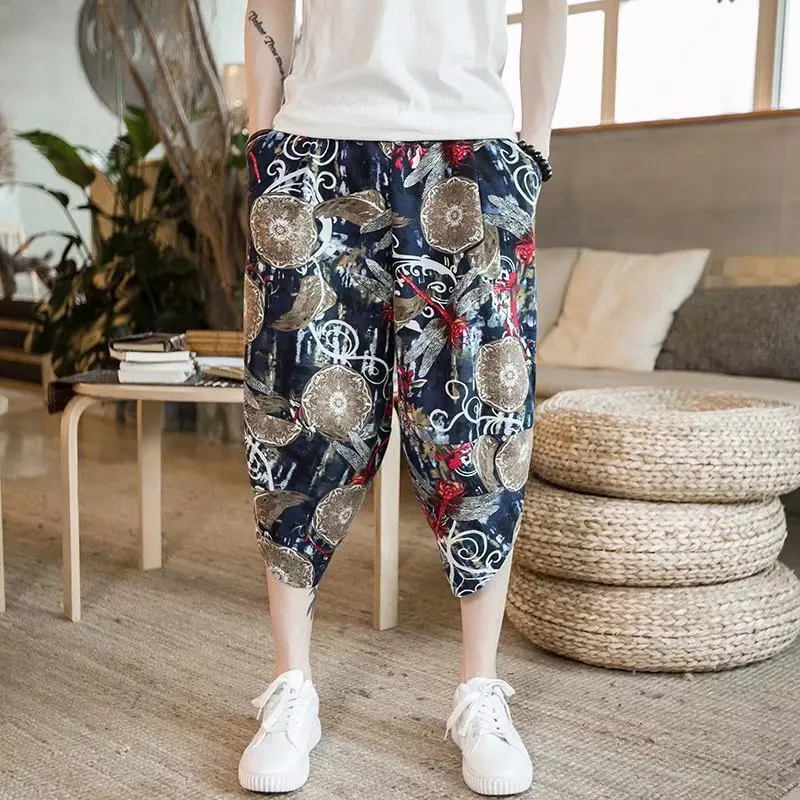 Summer Oversized Beach Shorts Korean Version Men's High-Quality Business Travel Loose Print Pattern Cropped Casual Radish Pants