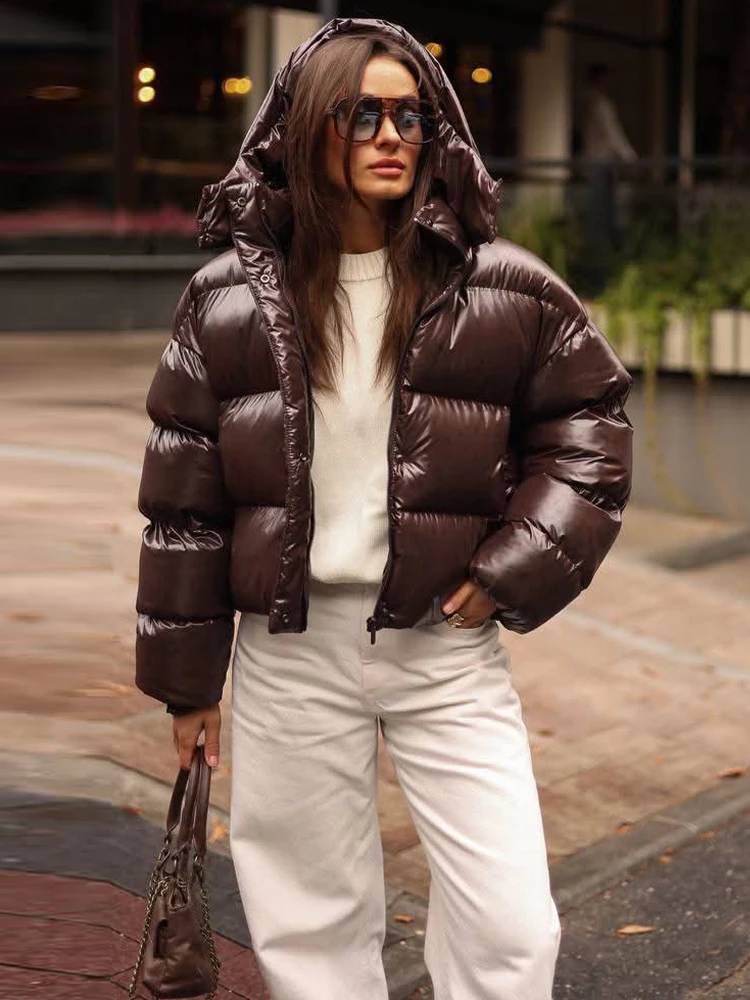 Women's Glossy Shiny Hooded Zip Cropped Puffer Jacket Oversized Loose Fit Long Sleeve Elastic Cuff Padded Warm Casual Winter Top 2
