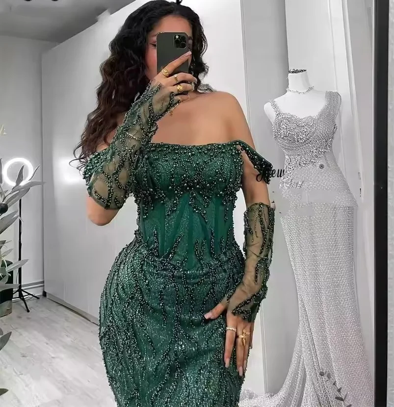 

Изумрудно-зеленые великолепные вечерние платья с открытыми плечами, платье для выпускного вечера с бисером, платье русалки для свадебного гостя с перчатками на заказ