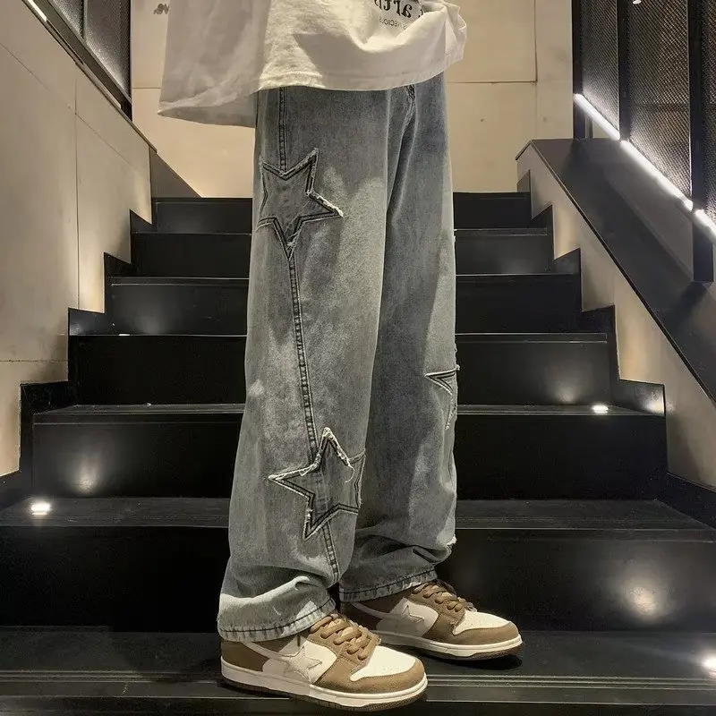 

2025 Men's American Vintage Washed Star Loose Straight Wide Leg Jeans Urban Streetwear Casual Trendy Pants