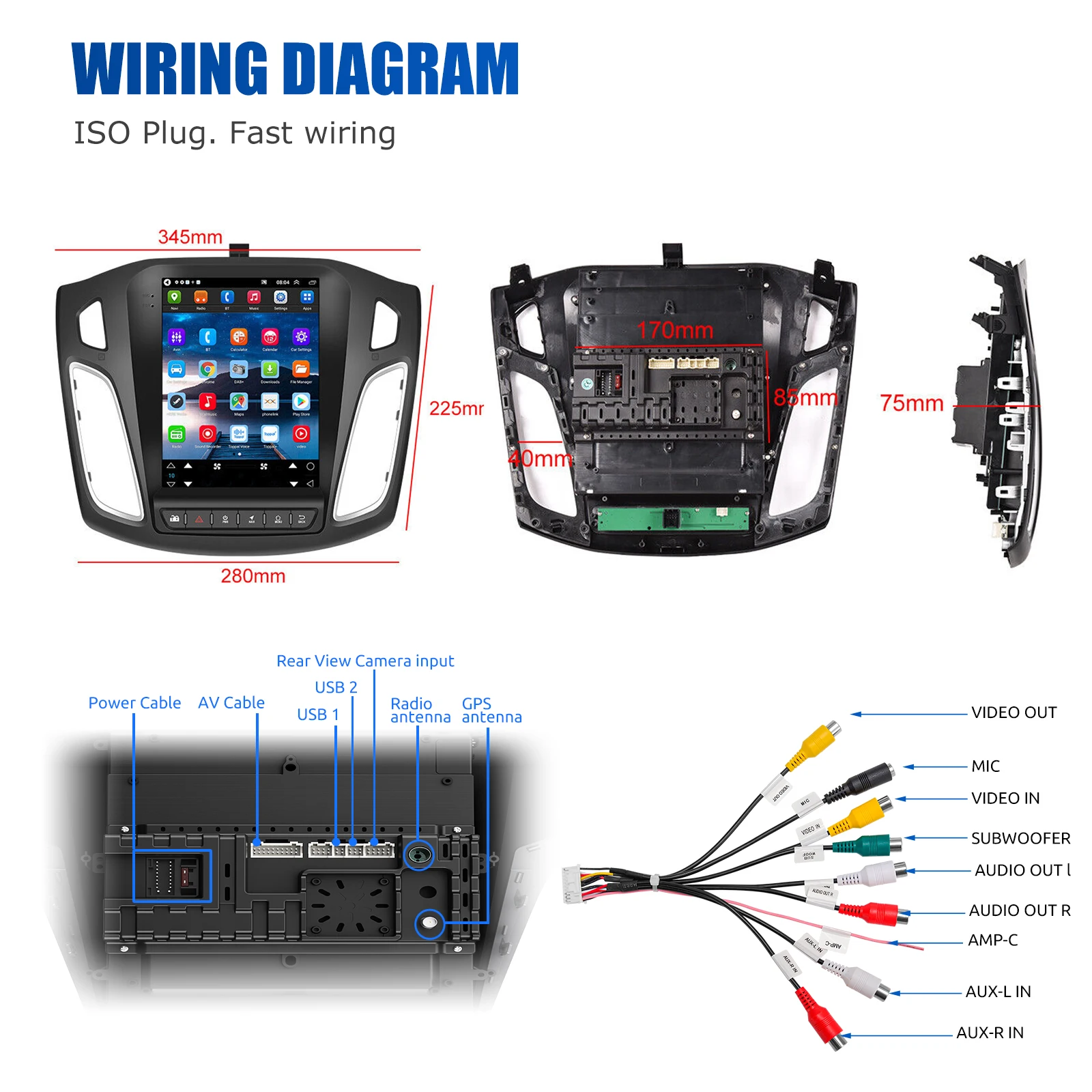 9.7 "لسيارة فورد فوكس MK3 2012-2018 Android14 Carplay 4 + 64G راديو ستيريو للسيارة نظام تحديد المواقع نافي بلوتوث واي فاي FM سبليت شاشة SWC + DVR & AHD #4