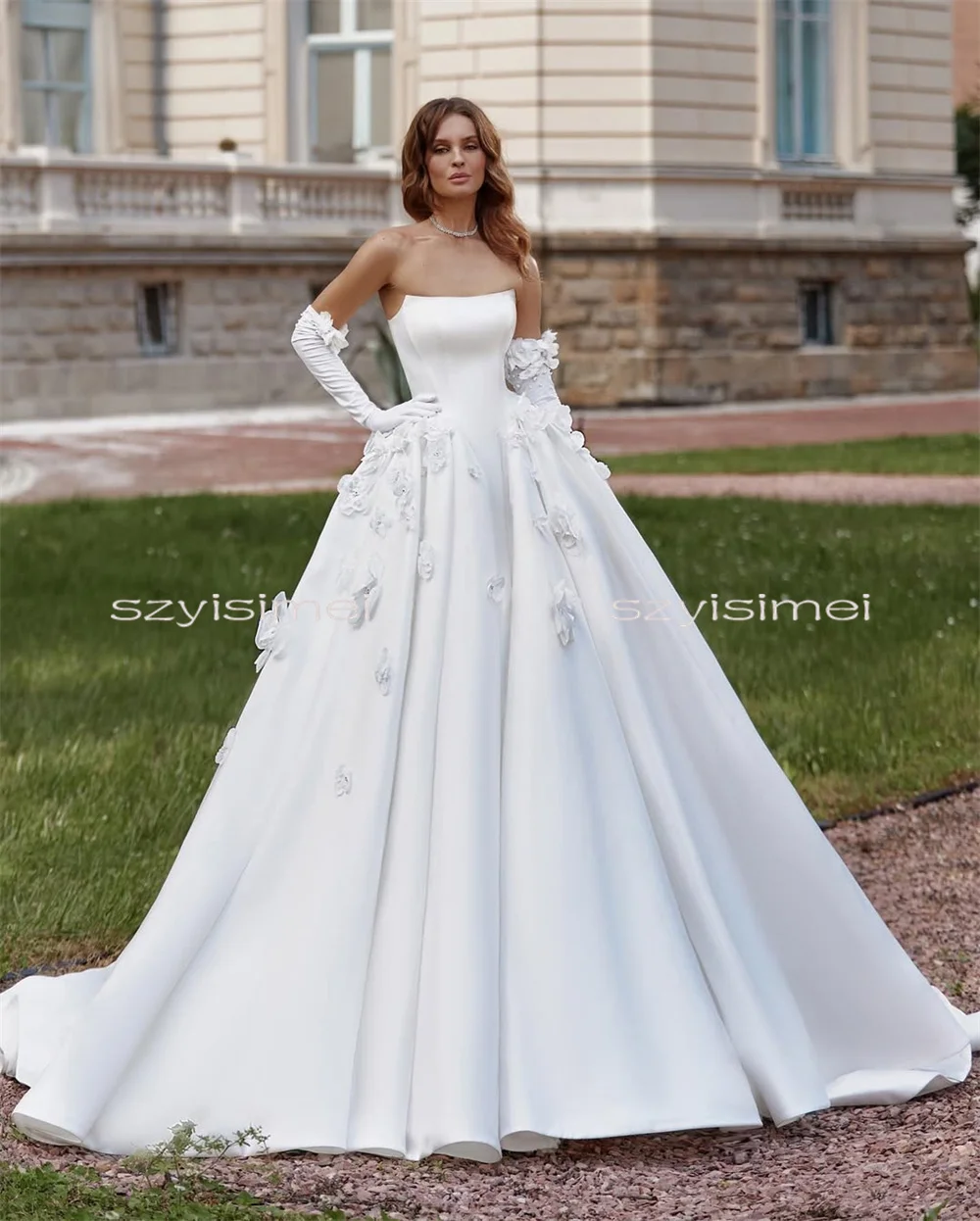 Stunning Strapless Neckline Satin Bridal Grown With 3D Flowers A Line Wedding Dresses Back Lace Up Customized Vestido De Noival