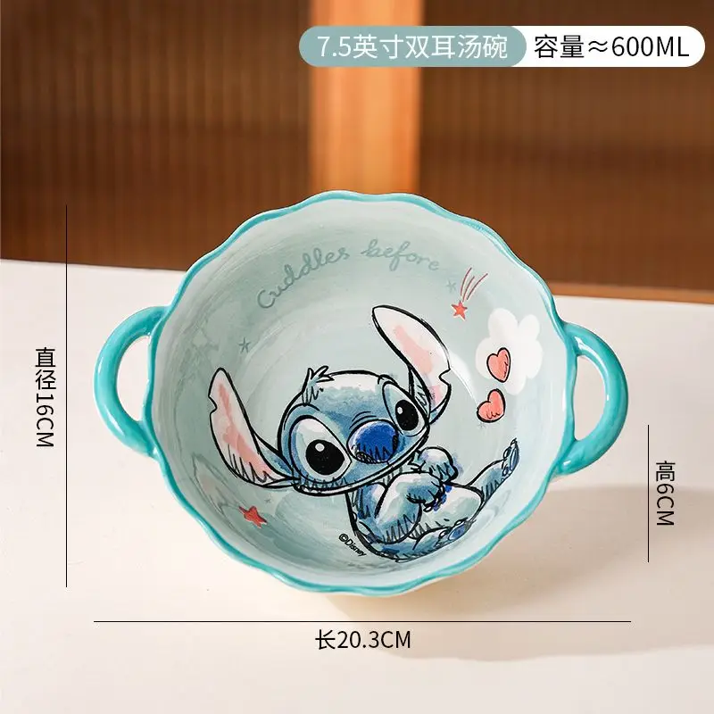 Mangkuk sup keramik lucu bergambar kartun Disney Stitch dengan pegangan ganda anti panas, peralatan makan dapur kreatif, mangkuk salad, mangkuk mie instan, hadiah