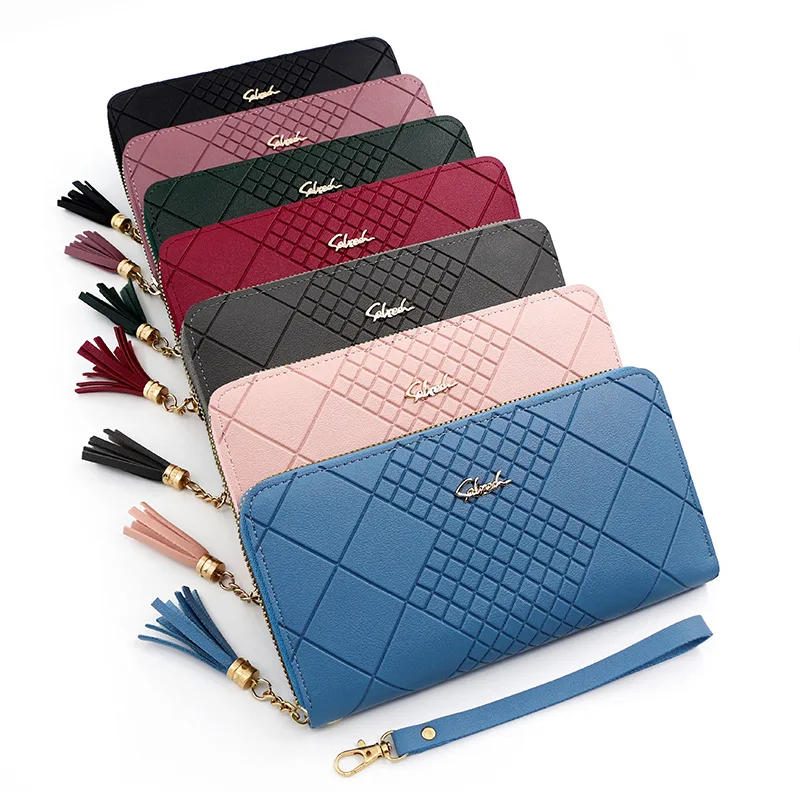 Cartera larga de estilo coreano para mujer con cremallera, bolso con flecos, bolsillo para teléfono, tarjetero de identificación