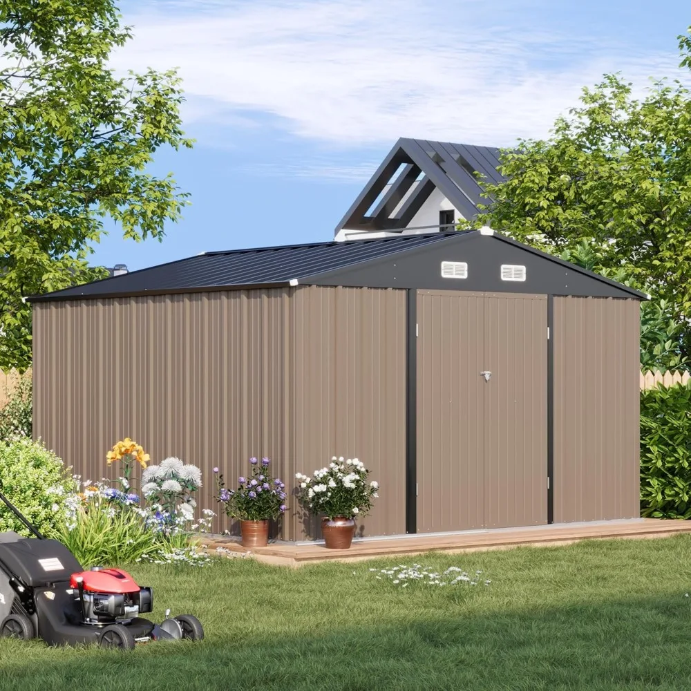 10 x 10 FT Outdoor Storage Shed,Metal Yard Shed with Design of Lockable Doors, Utility and Tool Storage，Brown Freight free