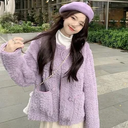 Autunno inverno cappotto di pelliccia sintetica giacca di pelliccia da donna abbigliamento Kawaii cappotto di pelliccia di marca di lusso lana coreano Chic caldo o-collo doppiopetto