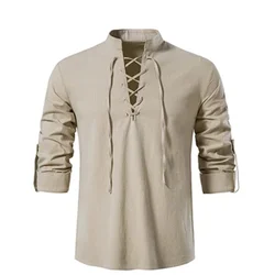 2022 New Men's V-neck shirt T-shirt Fashion Vintage Thin Long Sleeve Top men Casual Breathable  Front Lace Up man Shirts