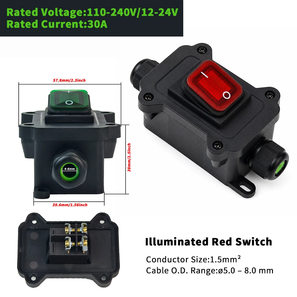 IP68 Waterproof Inline Cord Rocker Switch Box Single/Dual On Off Optional LED Indicator 16A 30A 24V 220V Outdoor Garden Lighting
