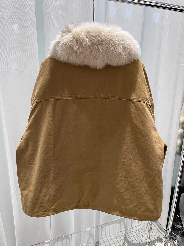 Cusual Winter Warm Women Real Natural Fox Fur Collar Goose Down Jackets Loose Puffer Parka Jackets Thick Female Streetwear