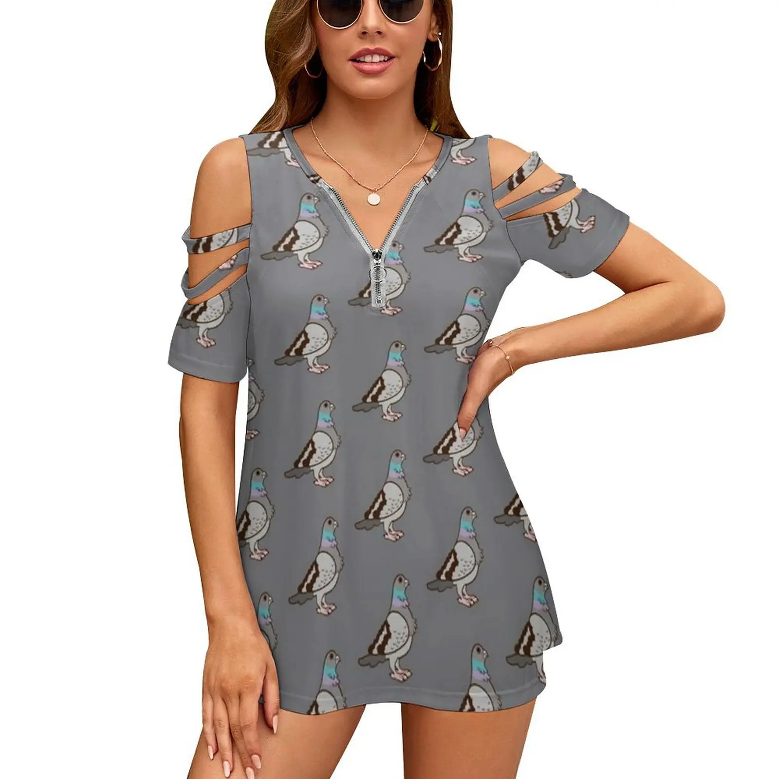 

Pigeon Pattern Women'S T-Shirt Summer Fashion Print Floral V-Neck Zipper Tshirt Hollow Pullover Ladies Top Pigeon Bird Feathers