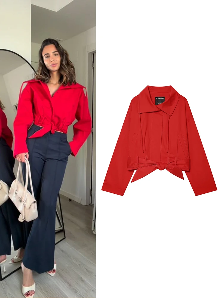 HH Deconstructed Cropped Utility Jacket Women's Asymmetric Collar Tie Waist Outerwear Spring Fall Avant-Garde Business Wear