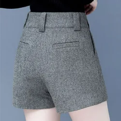 Women's Korean Fashion High Waist A-line Wide Leg Short Pants Autumn Winter Office Lady Vintage Elegant Woolen Thick Slim Shorts