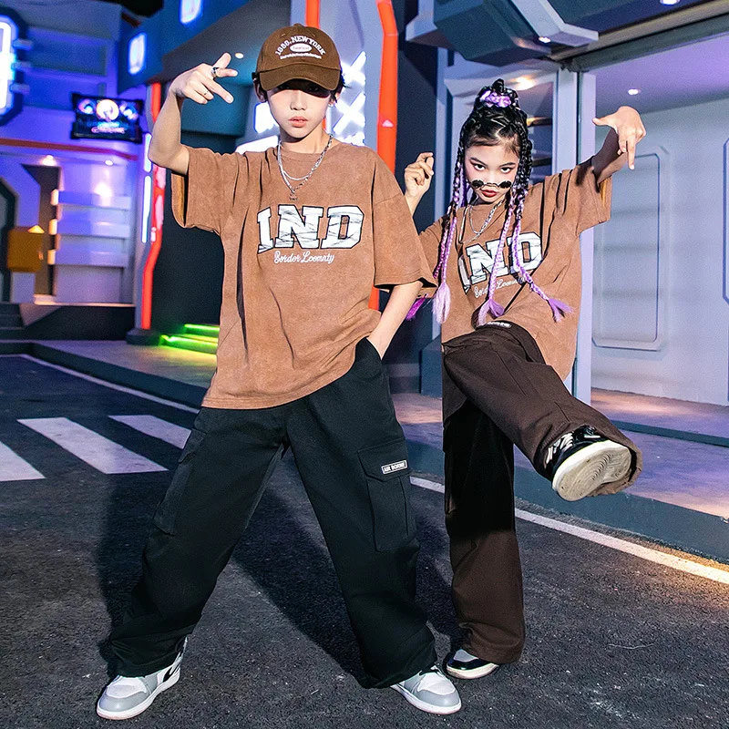 Kids Hip Hop Dancing Clothes Casual T Shirt Tops Cargo Pants Girls Streetwear Boys Jazz Dance Wear Costumes 4 6 8 10 12 14 16 Y