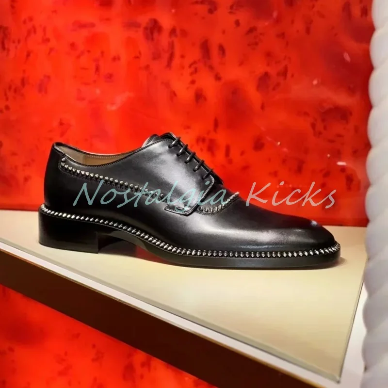Vintage Style Black Genuine Leather Oxford Shoes Silver Studs Design Gothic Lace Up Flats Formal Shoes for Men Daily Wear