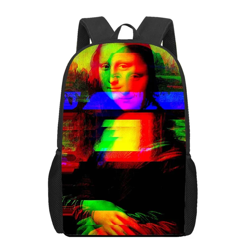 Sacs d'école d'art drôle de Mona Lisa pour garçons et filles, sacs de livre d'impression 3D, sacs à dos pour adolescents, sacs d'étudiant pour enfants, sac à dos de voyage décontracté