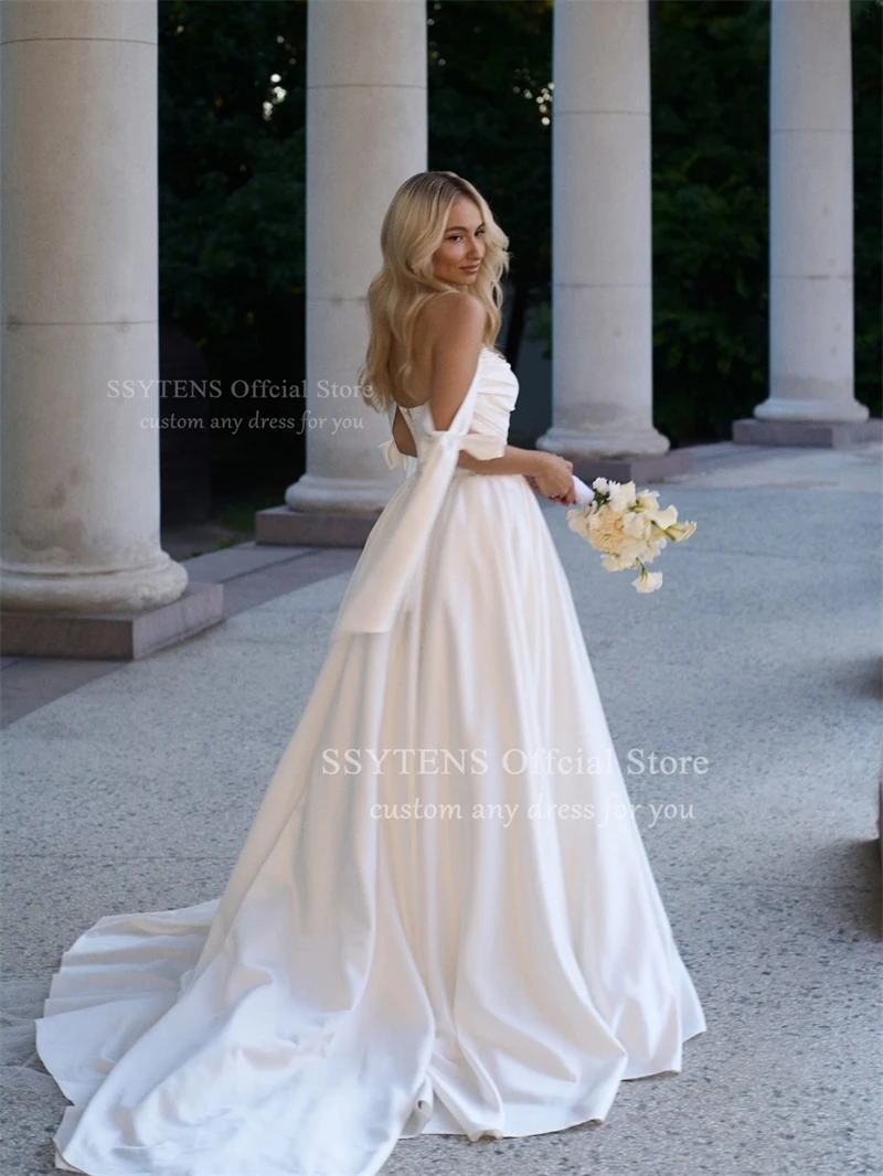 Ssytens vestidos de casamento linha a fora do ombro arco pérolas cetim vestidos de noiva longo praia vestidos de noiva robe de mairee personalizado