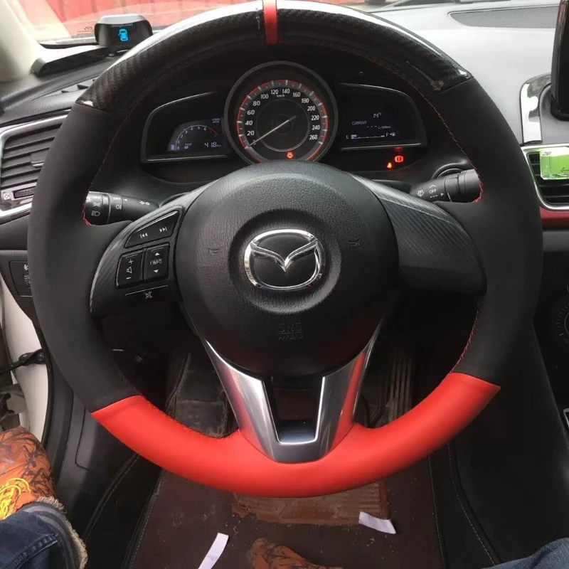 

100% подходит для Mazda 2 3 Axela 2013-2016 Mazda 6 Atenza, прошитый вручную чехол из натуральной кожи, замши, углеродного волокна, автомобильный чехол на руль