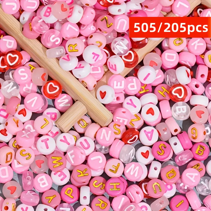 505/205pcs 7mm Pink Red Beads, Heart-Shaped Beads, Letter Beads Combination, Valentine's Day DIY Bead Jewelry Making Supplies