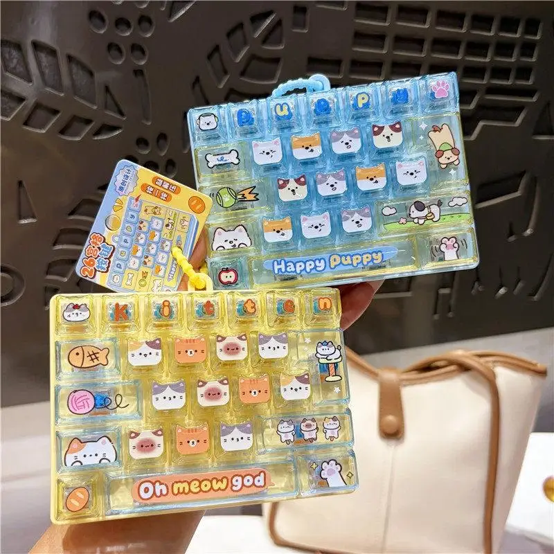New 26 Keys Cute Mini Keyboard Fidget Keychain, Transparent Cat Dog Patterns Stress Relief Toy Ornament Bag Hanging