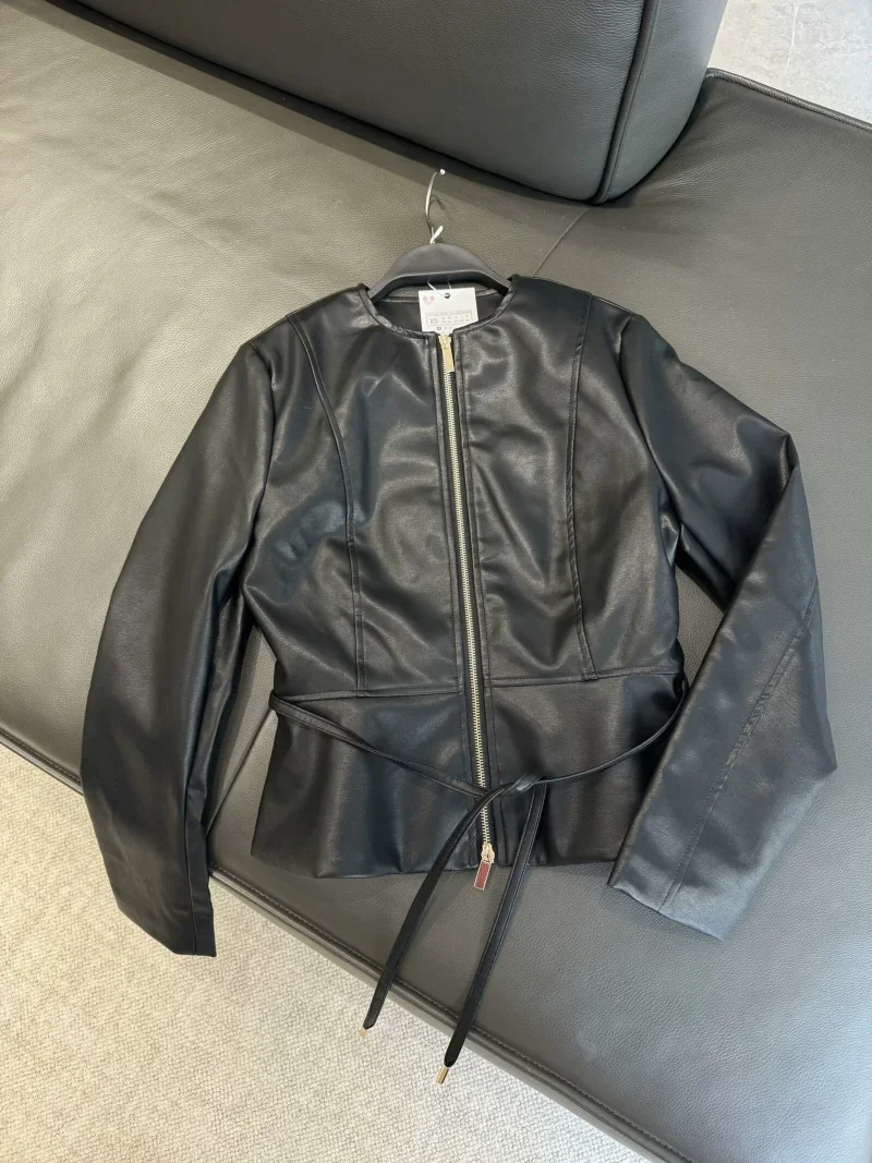 

LIBIELIY Spring New Women's Vintage Round Neck With Waist Waist Skirt Skirt With Hem Imitation Leather Jacket