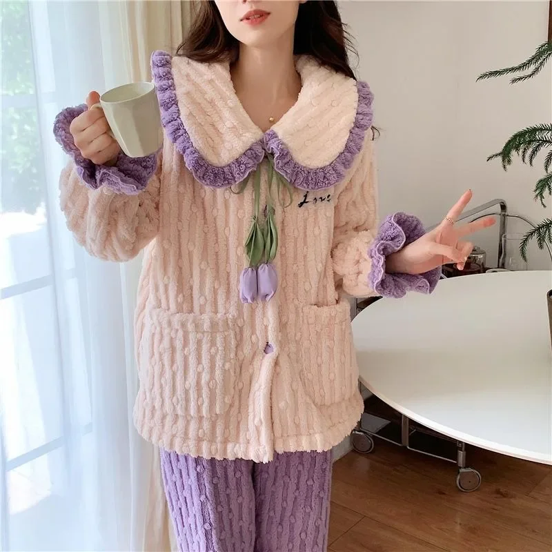 Lady New Autumn Winter Loungewear Suit Coral Plush Women Pajamas Thickening Sleep Clothes Famale Warm Homewear Set Girls Pijama