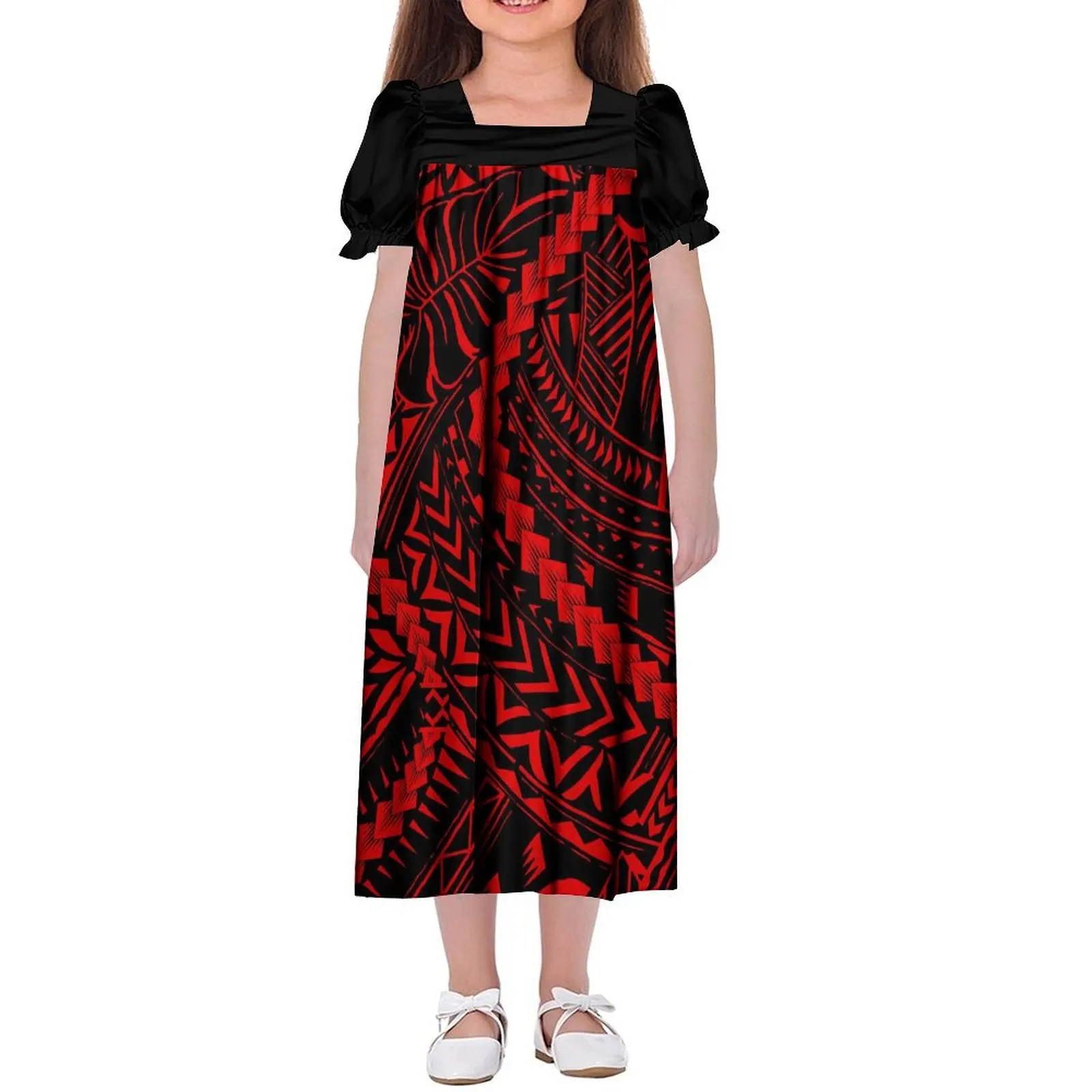 Pacific Island Clothing Custom Mumu Girls Dress Polynesian Hawaiian Samoa Club Children'S Puff-Sleeve Dress