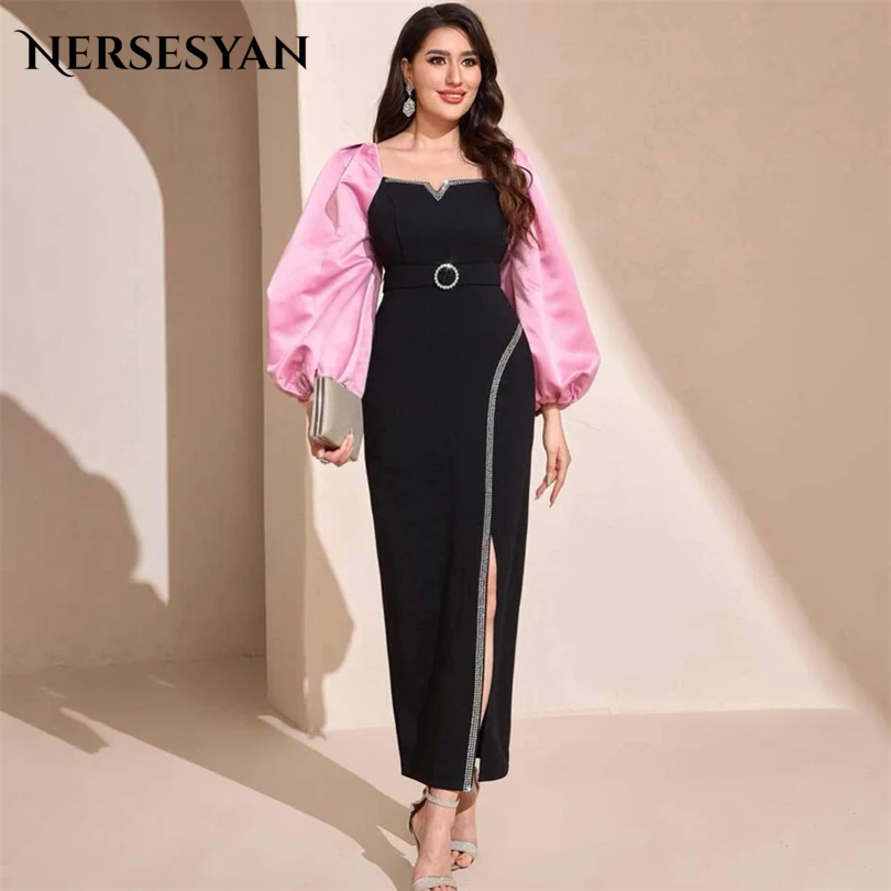 

Nersesyan Fashion Puff Long Sleeves Evening Dresses Satin Shiny Side Split Formal Party Gowns Ankle-Length Vestidos De Fiesta