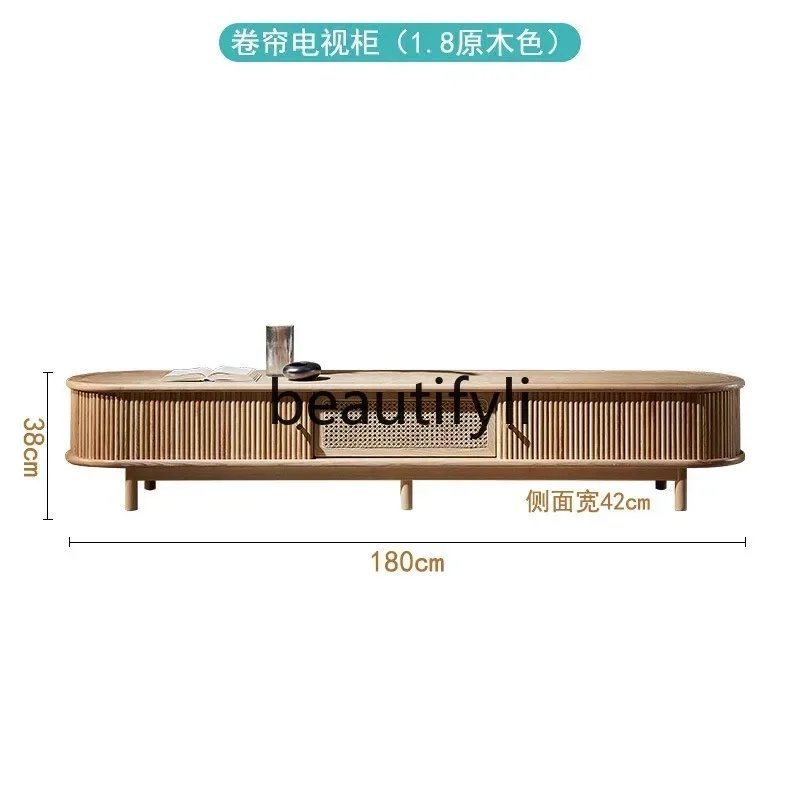 

yj57 Nordic Solid Wood Rattan Woven Glass Natural Wood Creative Roller Shutter Door Vintage TV Cabinet Small Apartment