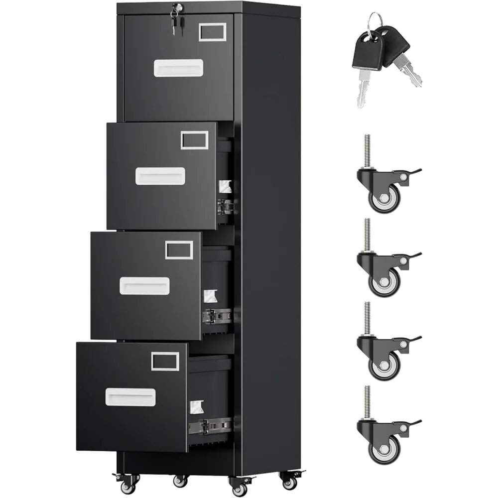 

4 Drawer File Cabinet with Wheels, Lockable Office Metal Filing Cabinet with Name Card for Office and Home,Required Assembly