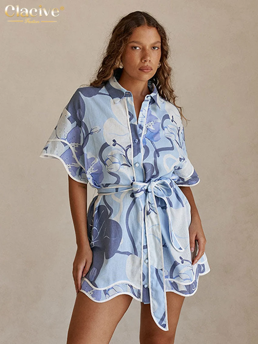 

Женская блузка Clacive Summer Loose Print 2026: Модная рубашка с отложным воротником и длинным рукавом, элегантный классический топ на шнуровке, женская одежда