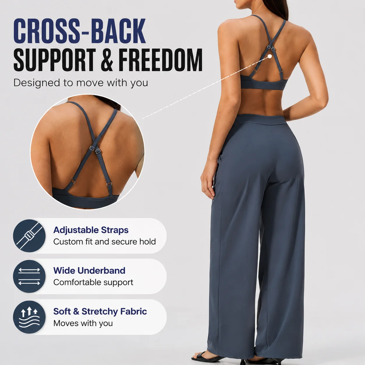 Women's V-Neck Cross Back Sports Set, Pleated Wide Leg Pants with Pockets, High Waist Casual Yoga Suit
