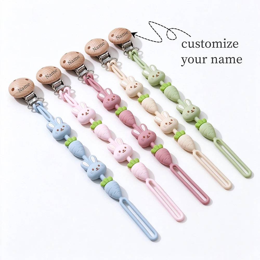 Custom Name Silicone Bunny Rabbit Carrot Pacifier Clip Wooden Engraving Baby Dummy Holder Chain Silicone Chain Personalized