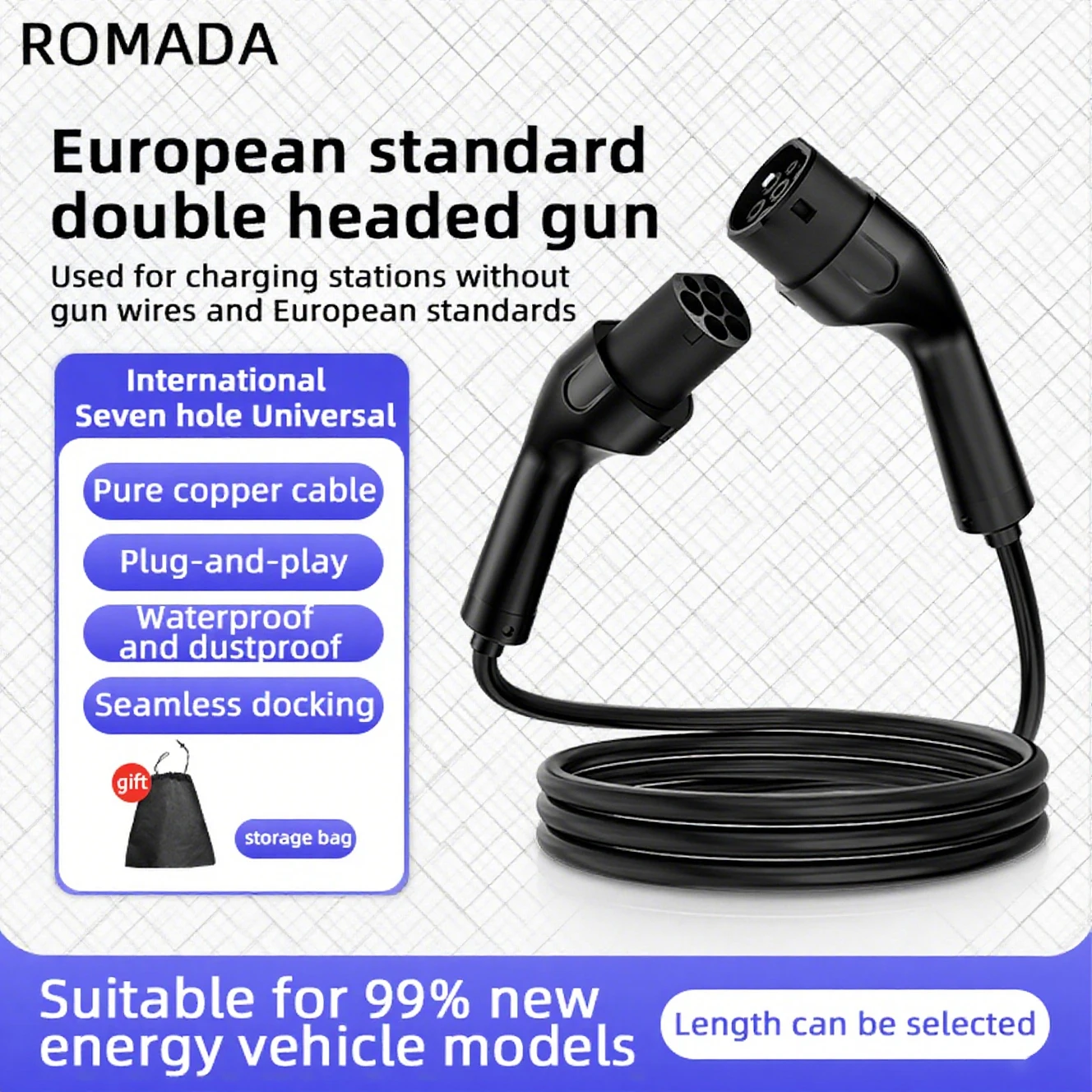 

ROMADA IEC62196 Type 2 to Type 2 Potable EV Cable 3M-20M 3 Phase 32A 22KW for EV Charging Station Extension TUV Certified
