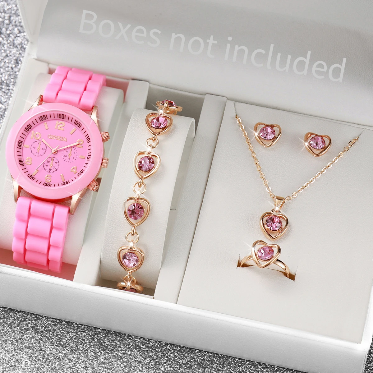 6PCS/Set Women\'s Watch Casual Silicone Band Analog Quartz Watch Rhinestone Heart Jewelry Set(Without Box)