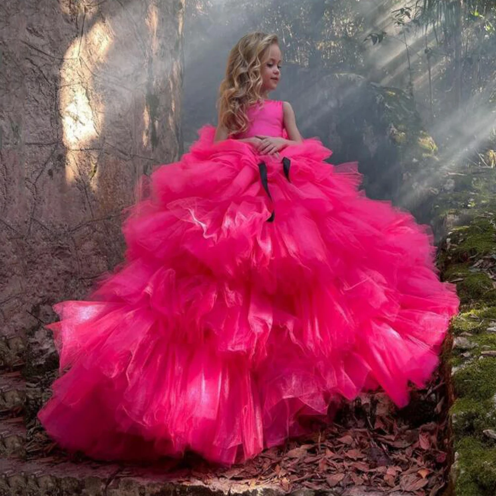 Luxo pêssego rosa flor menina vestido sem mangas o pescoço babados tule puff formatura pageant vestido longo festa de aniversário vestidos