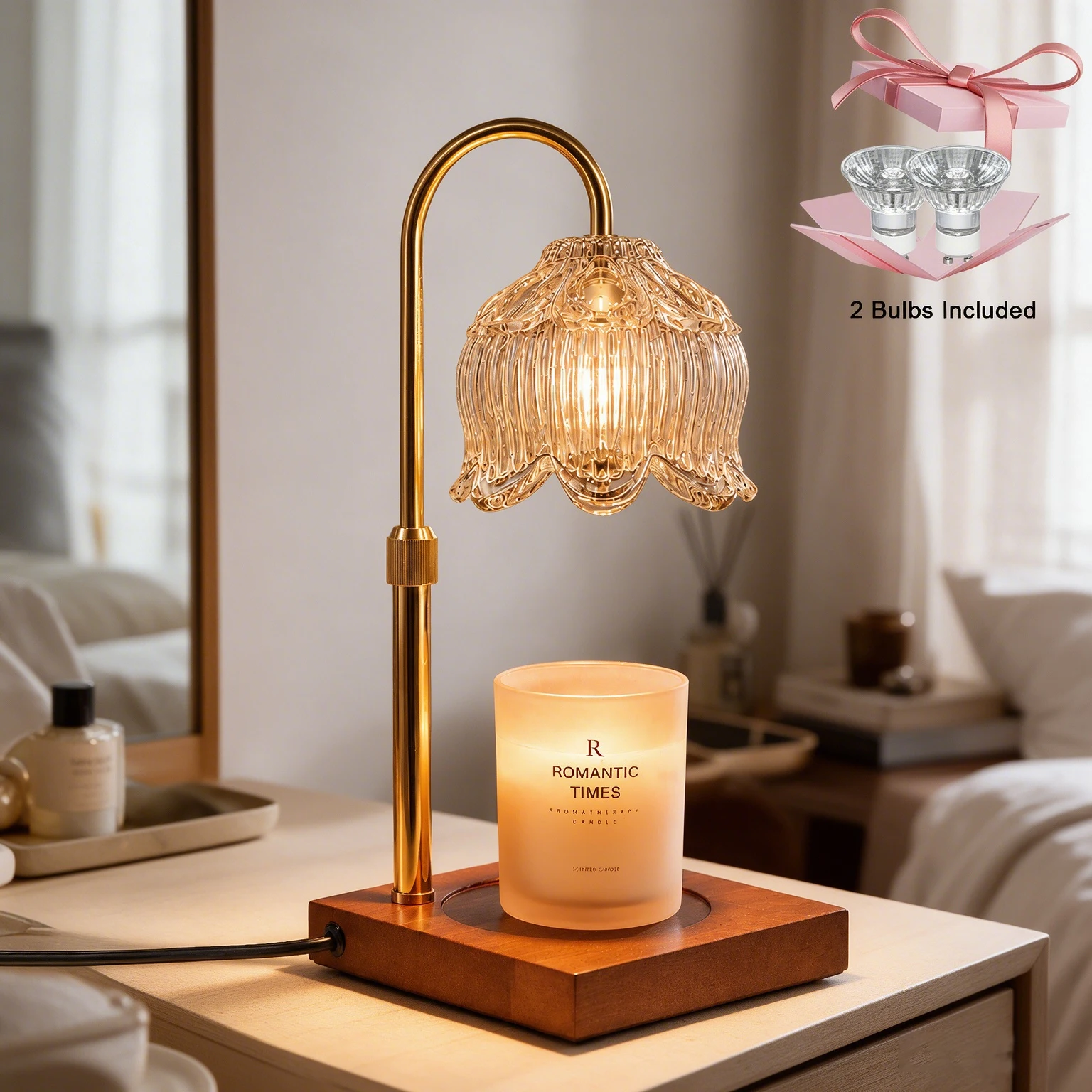 Candle Warmer Lamp Flower Style, Adjustable Height, 4 Dimmable Brightness Levels, 2/4/8H Auto Timer, Desktop Ambient Light for Jar Candles Bedroom Home Decor, Ideal Christmas Holiday Gift for Women