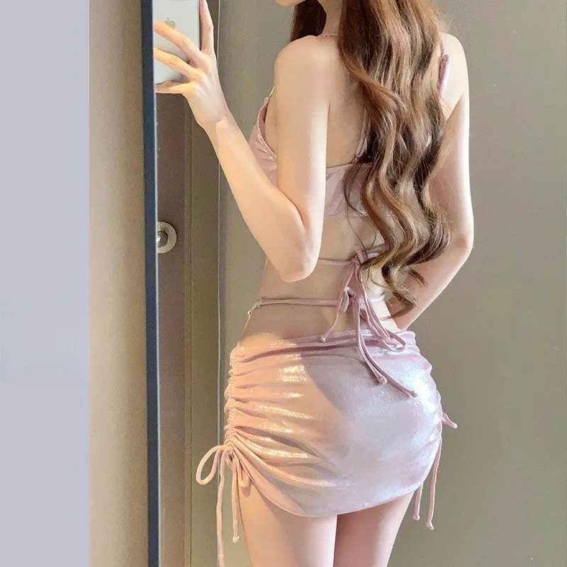 Rhinestone Tassel Sexy Hollow Bikinis High Waist Slim Lace-up Split Two-piece Swimsuit Fashion Korean Solid Bathing Suit Women