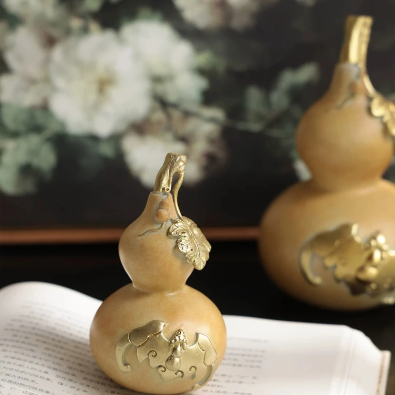 Brass Gourd Ornament Chinese Style Decor Desktop Calabash Statue Home Entryway Good Luck Fortune Collectible Decoration