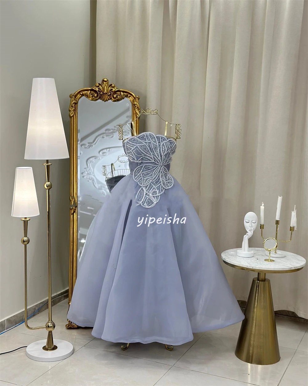 Customized Modern Style Organza Pattern Sequined Flower A-line Strapless  Midi Dresses Cocktail Dresses Classic Exquisite Unisex