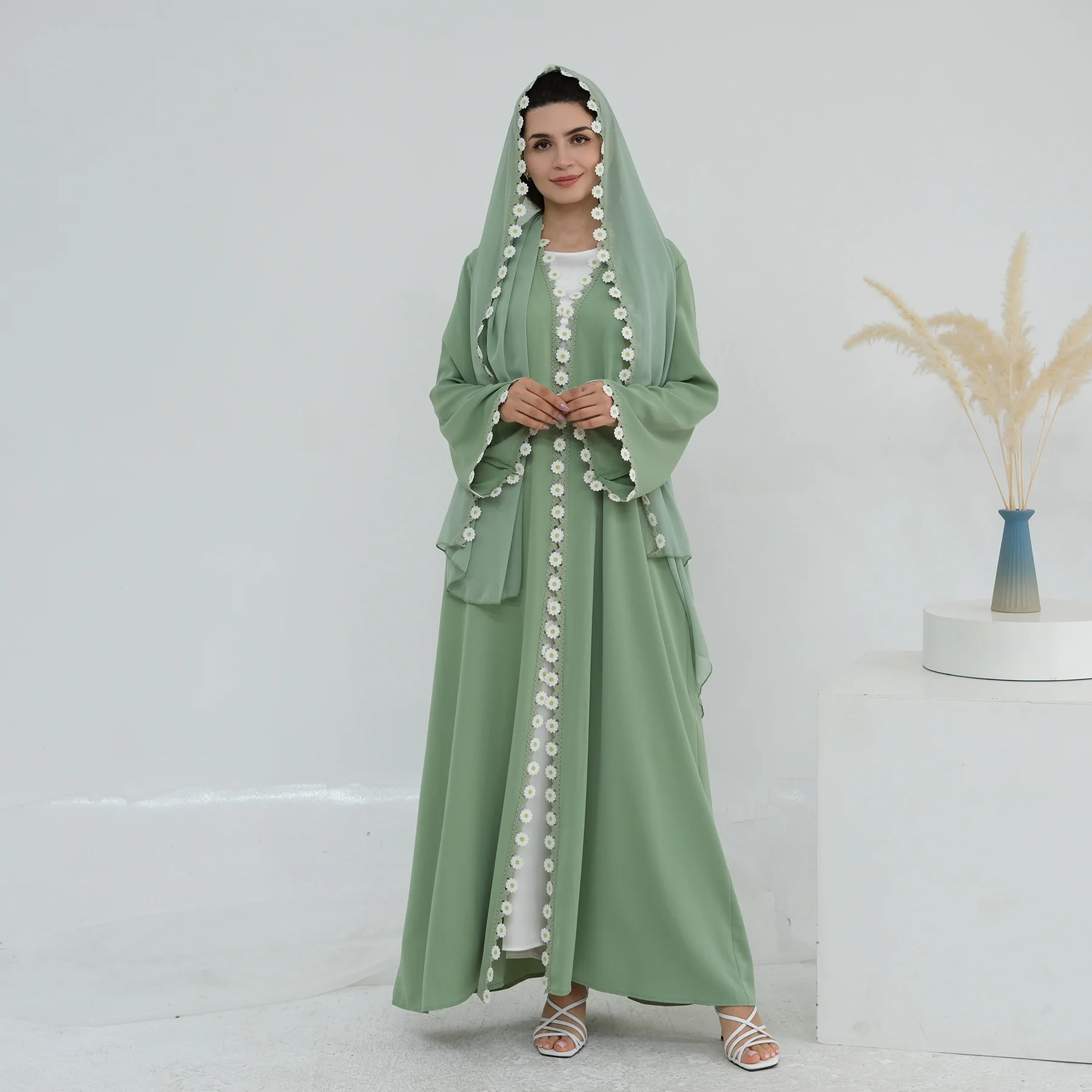 

Eid 2 Piece Abaya Set with Hijab Kimono Green Flower Muslim Kaftan Dress Kimono Abayas for Women Dubai Luxury Islamic Clothing