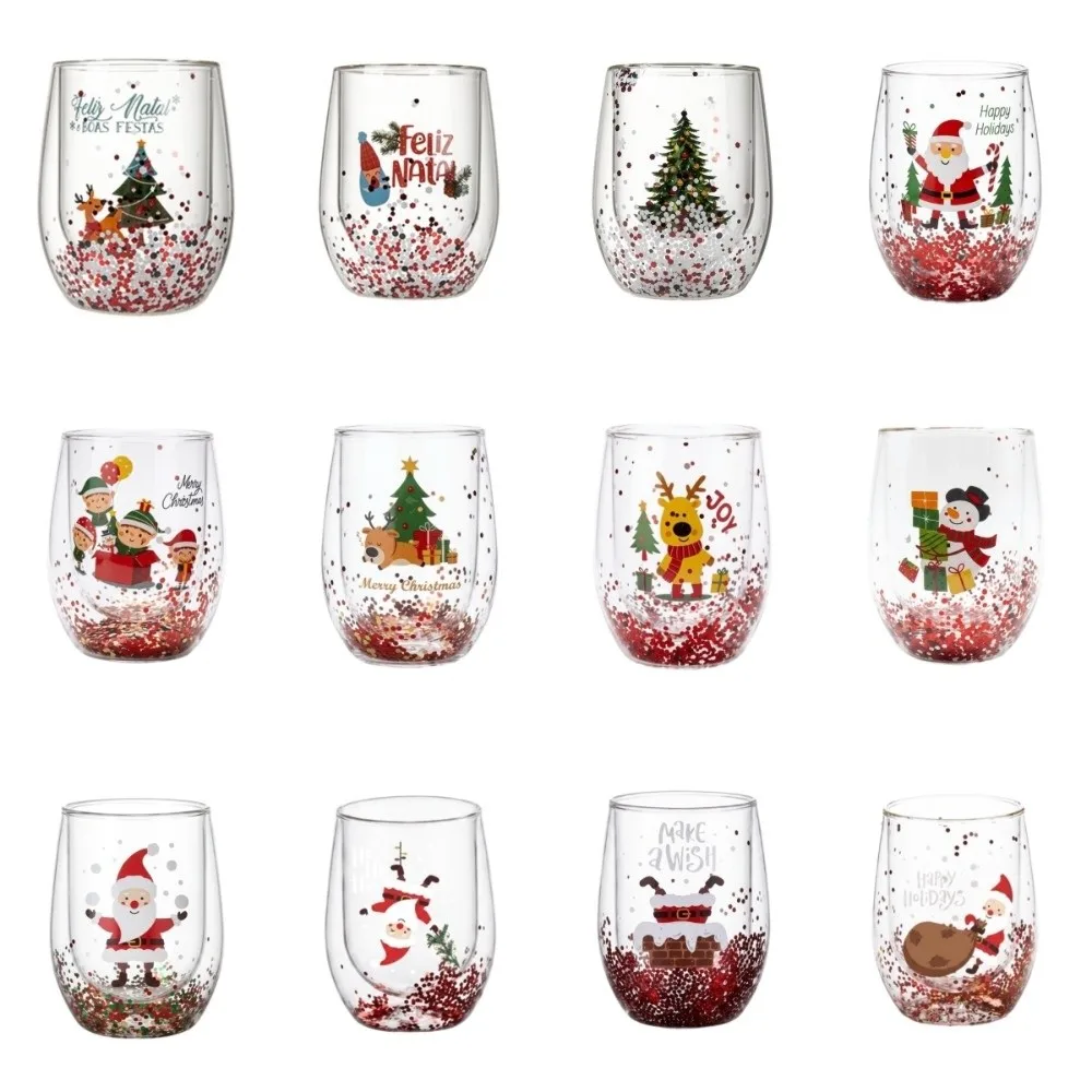 Heat-resistant Double-layer Sequins Christmas Glass Cup High Borosilicate Glass Transparent Coffee Milk Mug Tea Espresso Cup