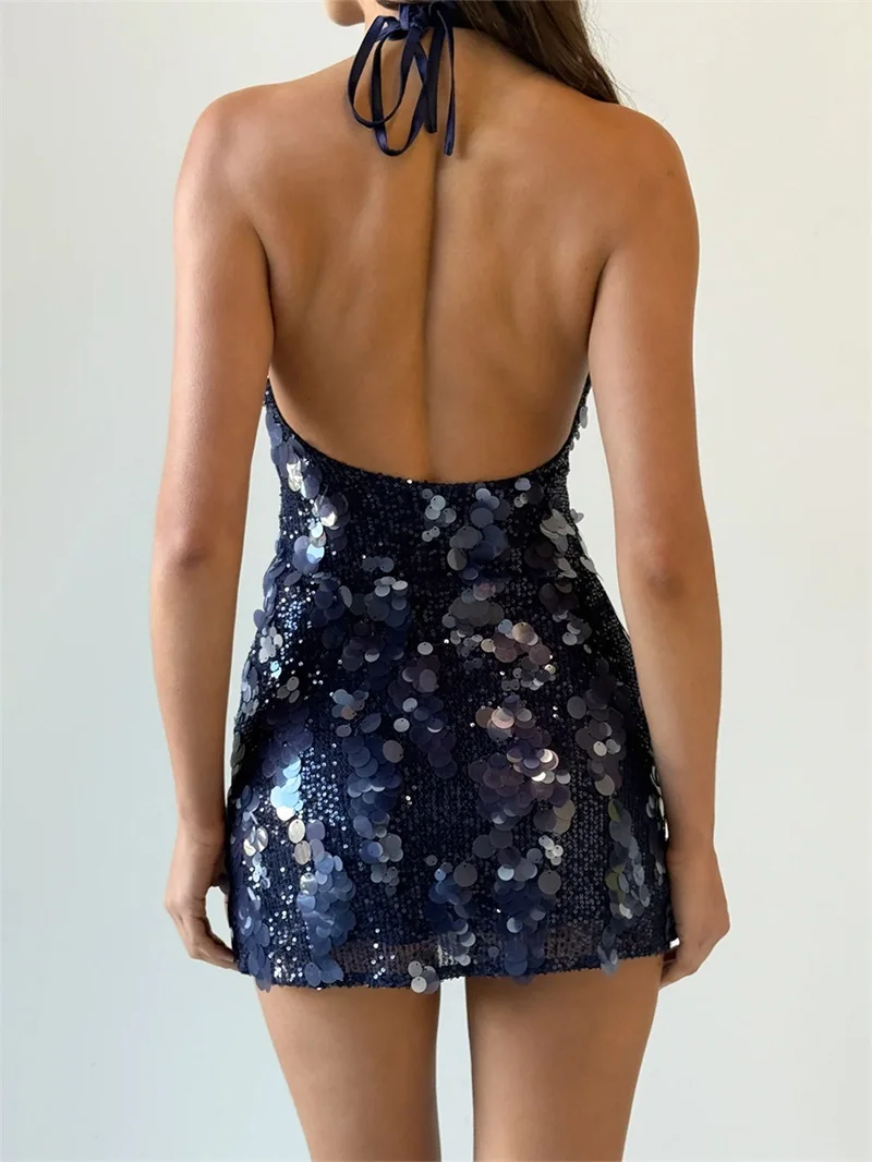 Navy Blue Sequins Prom Dress Sexy Halter Sleeveless Backless Short Min Party Gown Formal Wedding Guest Birthday Evening Robe