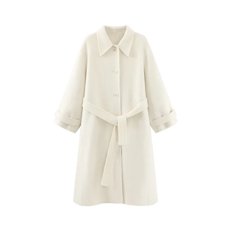 معطف طويل أنيق يشبه الصوف للنساء معطف شتوي بحزام من الصوف مزدوج الوجه وطية صدر السترة ملابس خارجية أنيقة ودافئة ونحيفة #6