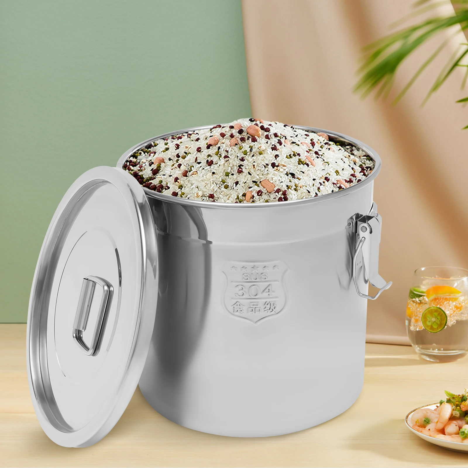 21L Stainless Steel Rice Sealed Storage Bucket Airtight Canister Food Grain Food-grade Container