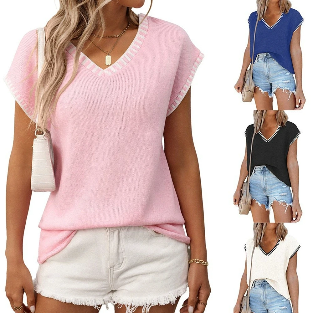 

Европейский и американский женский пуловер с v-образным вырезом и короткими рукавами, элегантный и модный универсальный полосатый вязаный свитер, топы