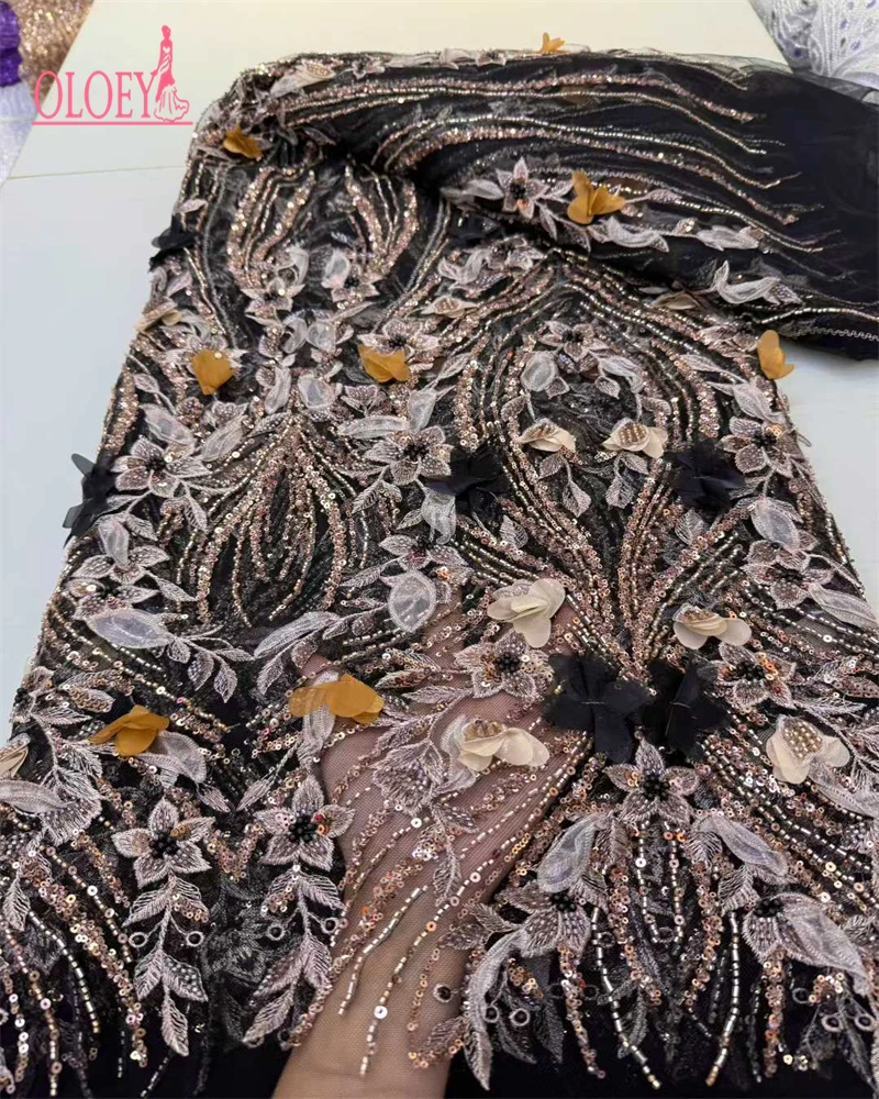 OLOEY 아프리카 레이스 원단 2025 스팽글 비즈 자수 신랑 나이지리아 신부용 고품질 프랑스 튤 레이스 원단 웨딩용
