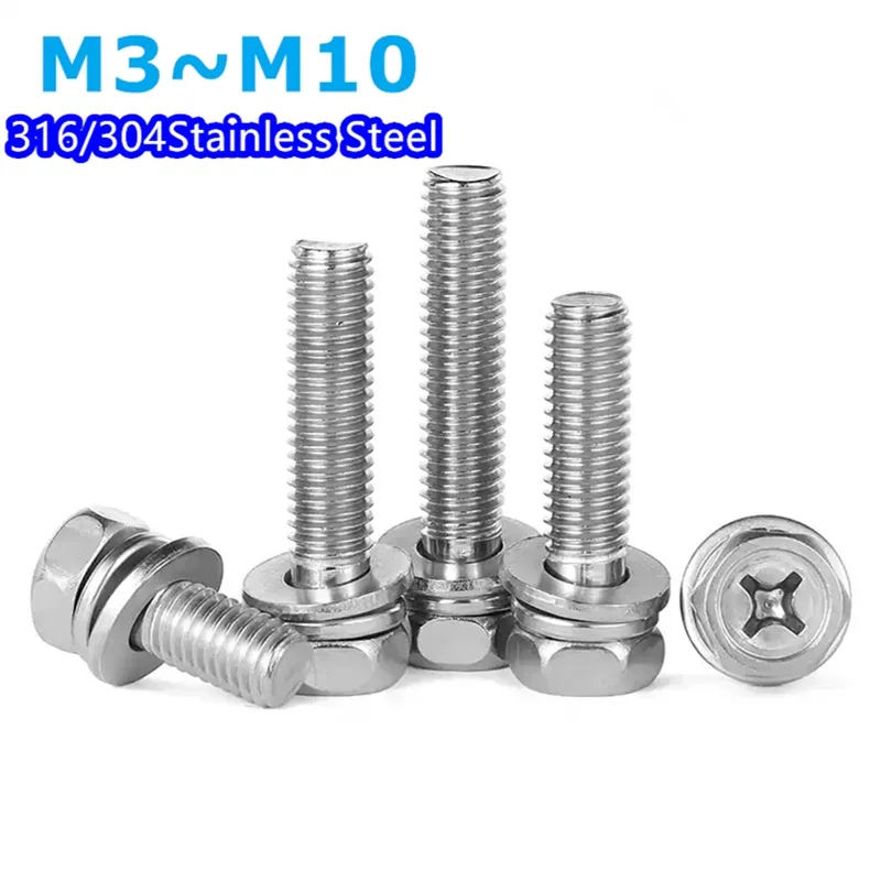 304 Stainless Steel3in1 Cross Outer Hexagon Head Bolt Gasket Spring Washer Three Combination Bolt M3M4M5M6M8M10