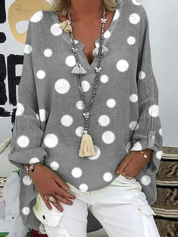 MEODVI-Modern White Polka Dot Relaxed Gray Blouse Tunic Top